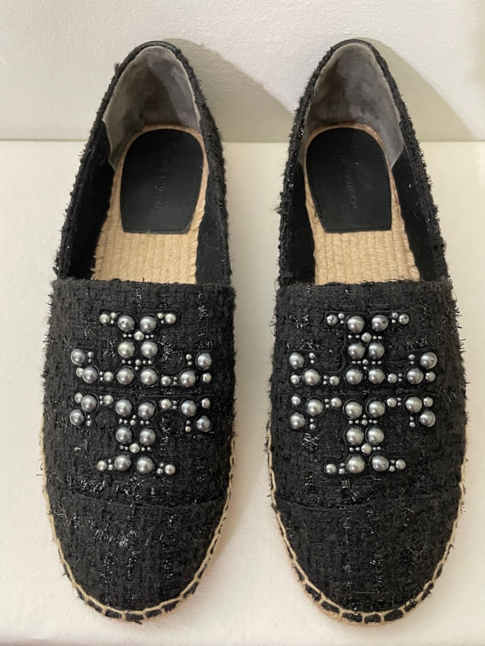 Tory Burch Pearl Logo Black Flats Espadrilles Willa Tweed Size 9